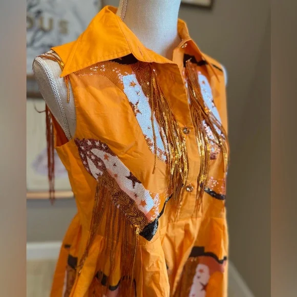 New! QUEEN OF SPARKLES Orange & White Sequin Boot Mini Dress
